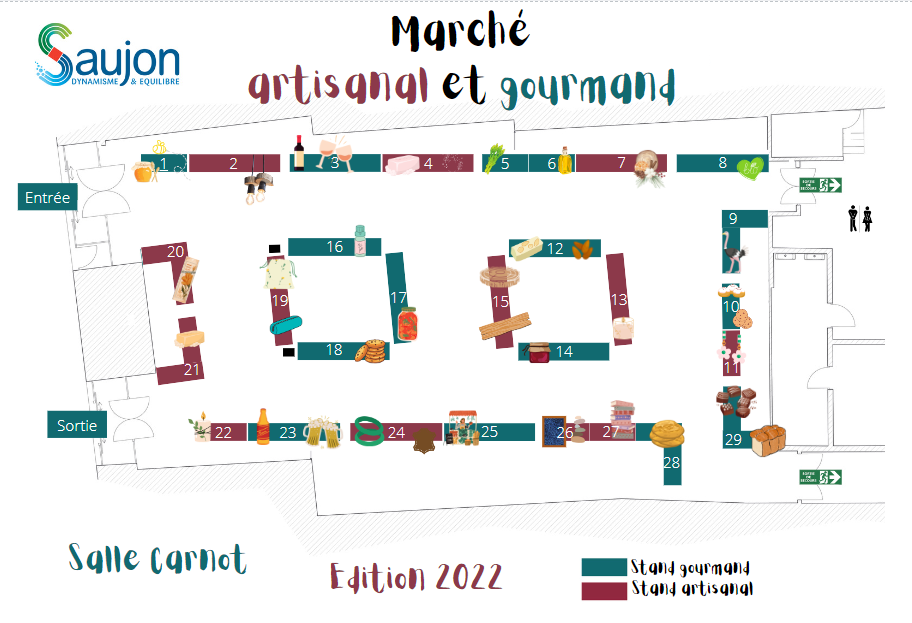 Plan du marché artisanal et gourmand de Saujon, salle Carnot le lundi 12 décembre 2022